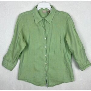 LL Bean Linen Button Up Shirt Womens Medium Top Green 3/4 Sleeve Blouse